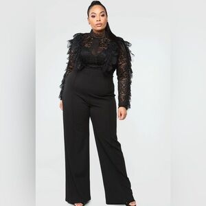 Fashion Nova black lace mock neck long sleeve wide leg jumpsuit cocktail party